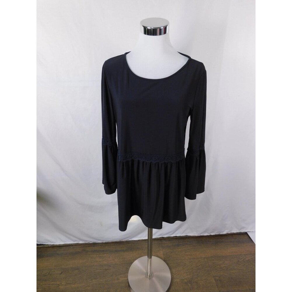 Attitudes by Renee Shirt Tunic Womens Medium Black Bell Sleeve Made USA A305371